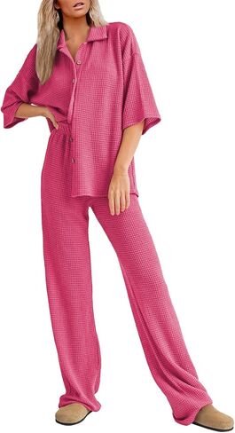 SHEWIN المرأة 2 قطعة وتتسابق عارضة الهراء متماسكة قصيرة الأكمام زر الصيف قمم مطابقة بنطال ذو قصة أرجل واسعة صالة مجموعات in Kuwait