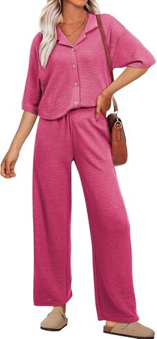 SHEWIN المرأة 2 قطعة وتتسابق عارضة الهراء متماسكة قصيرة الأكمام زر الصيف قمم مطابقة بنطال ذو قصة أرجل واسعة صالة مجموعات in Kuwait