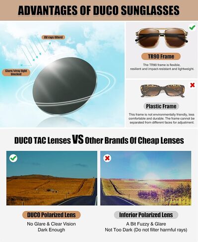 DUCO Retro Vintage Square Polarized Aviator Sunglasses Womens Mens Double Bridge Sun Glasses DC3001 in Kuwait