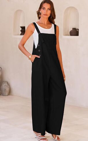 PRETTYGARDEN Overall Jumpsuit For Women 2024 Summer Casual Wide Leg Sleeveless Button Striped Jumpsuits Trendy Outfits in Kuwait