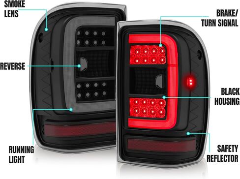 KUAFU LH & RH Tail Light Compatible with 2001-2011 Ford Ranger LED C Light Bar Rear Brake Tail Lamp Assembly Plastic (Clear Lens+Chrome Housing) in Saudi Arabia