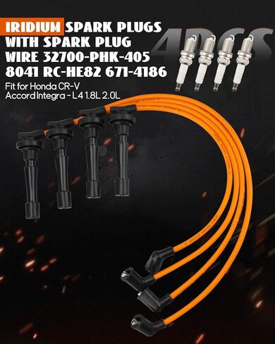 Iridium Spark Plugs with Wire Set 4 PCS Fit for Acura Integra L4 1.8L 1992-2001, Fit for Honda CR-V L4 2.0L 1997-2001 Replace 32700-PHK-405 8041 RC-HE82 671-4186 in Saudi Arabia