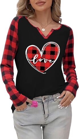 Valentine's Day Shirts for Women: Valentines Day Outfit Valentine Long Sleeves Love Heart V Neck Shirt Gifts Tops in Saudi Arabia