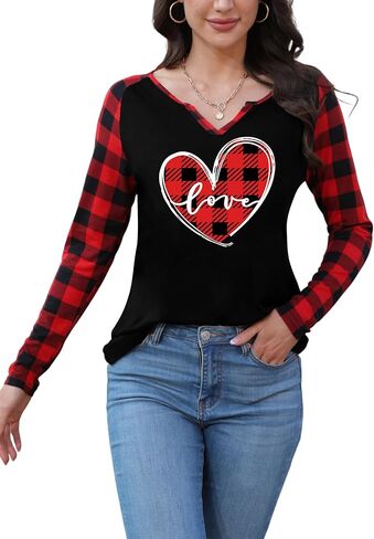 Valentine's Day Shirts for Women: Valentines Day Outfit Valentine Long Sleeves Love Heart V Neck Shirt Gifts Tops in Saudi Arabia