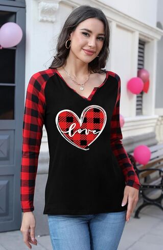 Valentine's Day Shirts for Women: Valentines Day Outfit Valentine Long Sleeves Love Heart V Neck Shirt Gifts Tops in Saudi Arabia