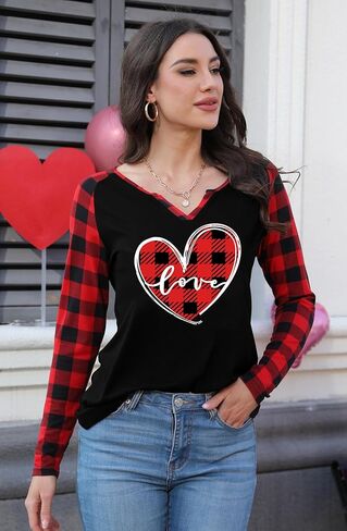 Valentine's Day Shirts for Women: Valentines Day Outfit Valentine Long Sleeves Love Heart V Neck Shirt Gifts Tops in Saudi Arabia