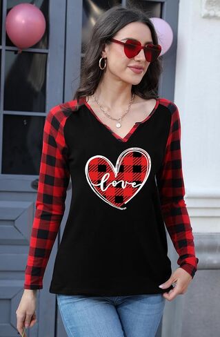 Valentine's Day Shirts for Women: Valentines Day Outfit Valentine Long Sleeves Love Heart V Neck Shirt Gifts Tops in Saudi Arabia