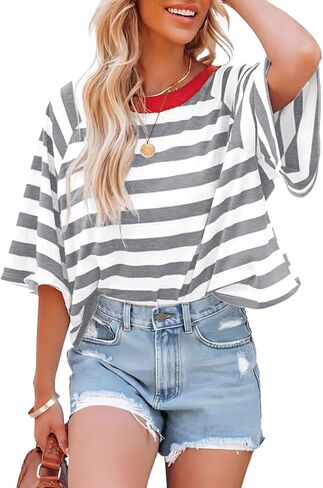 IWOLLENCE Women's Loose Casual Summer Striped Tops Crewneck 1/2 Short Sleeve Color Block Tee Oversized Cropped Shirts in Kuwait