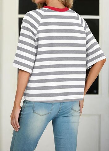 IWOLLENCE Women's Loose Casual Summer Striped Tops Crewneck 1/2 Short Sleeve Color Block Tee Oversized Cropped Shirts in Kuwait