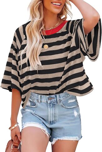 IWOLLENCE Women's Loose Casual Summer Striped Tops Crewneck 1/2 Short Sleeve Color Block Tee Oversized Cropped Shirts in Kuwait