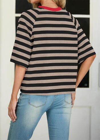 IWOLLENCE Women's Loose Casual Summer Striped Tops Crewneck 1/2 Short Sleeve Color Block Tee Oversized Cropped Shirts in Kuwait