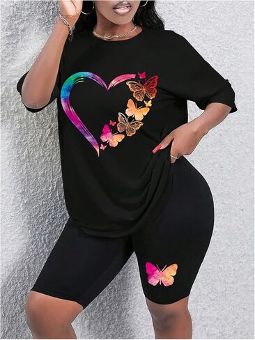 SweatyRocks Women's 2 Piece Outfit Heart Graphic Short Sleeve Tees and Biker Shorts Sets in Saudi Arabia
