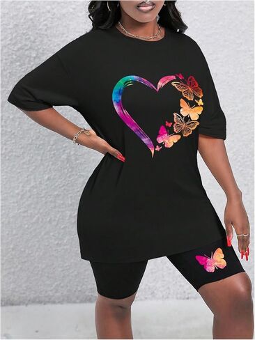 SweatyRocks Women's 2 Piece Outfit Heart Graphic Short Sleeve Tees and Biker Shorts Sets in Saudi Arabia