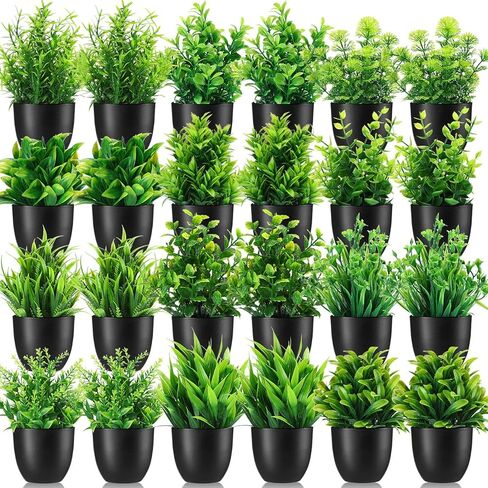 24 وعاء من Tigeen نباتات وهمية صغيرة من الأوكالبتوس بوعاء نباتات صناعية خضراء وأوكالبتوس وإكليل الجبل جلاديولوس ماغنوليا ونباتات الصبار الصناعية لديكور المنزل والغرفة الداخلية (نمط جديد) in Kuwait