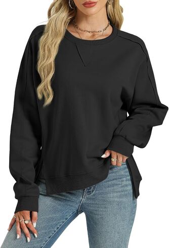 Tanou Women's Reverse Seam Sweatshirts Casual Crew Neck Long Sleeve Pullover Solid Slit 2024 Fall Tops in Saudi Arabia