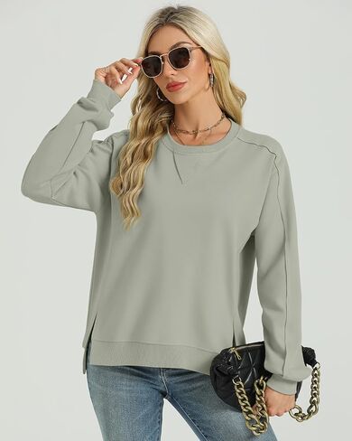Tanou Women's Reverse Seam Sweatshirts Casual Crew Neck Long Sleeve Pullover Solid Slit 2024 Fall Tops in Saudi Arabia