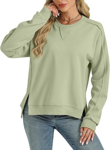 Tanou Women's Reverse Seam Sweatshirts Casual Crew Neck Long Sleeve Pullover Solid Slit 2024 Fall Tops in Saudi Arabia