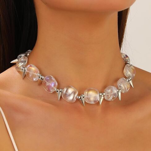 Punk Spike Choker Necklace for Women Men Clear Acrylic Geometric Beaded Ball Statement Necklace Personalized Goth Jewelry Gifts Chain Adjustable in Kuwait