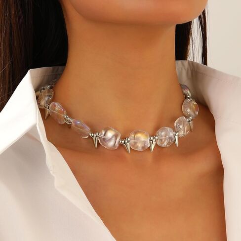 Punk Spike Choker Necklace for Women Men Clear Acrylic Geometric Beaded Ball Statement Necklace Personalized Goth Jewelry Gifts Chain Adjustable in Kuwait