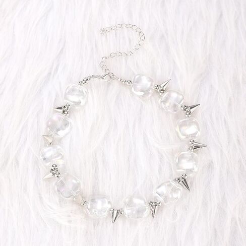 Punk Spike Choker Necklace for Women Men Clear Acrylic Geometric Beaded Ball Statement Necklace Personalized Goth Jewelry Gifts Chain Adjustable in Kuwait