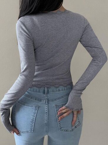 SHENHE Women's Cropped Cardigan Ribbed Knit Lace Trim V Neck Button Down Asymmetrical Y2K Fall Fashion Cardigan Sweater in Saudi Arabia
