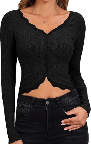 SHENHE Women's Cropped Cardigan Ribbed Knit Lace Trim V Neck Button Down Asymmetrical Y2K Fall Fashion Cardigan Sweater in Saudi Arabia
