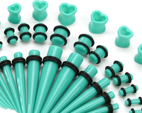 طقم تمدد الأذن من الأكريليك والسيليكون مكون من 48 قطعة: مستدقات خفيفة الوزن وأنفاق وسدادات لموسعات المبتدئين | مجموعة قياس أقراط مجوهرات ثقب الجسم للرجال والنساء (الحجم: 14G-0000G، أسود) in Kuwait