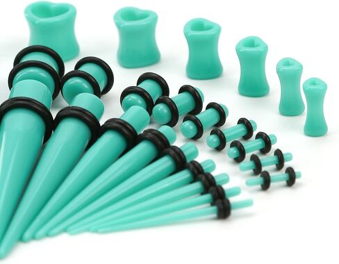 طقم تمدد الأذن من الأكريليك والسيليكون مكون من 48 قطعة: مستدقات خفيفة الوزن وأنفاق وسدادات لموسعات المبتدئين | مجموعة قياس أقراط مجوهرات ثقب الجسم للرجال والنساء (الحجم: 14G-0000G، أسود) in Kuwait