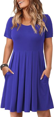 Tralilbee Women's Plus Size Short Sleeve Dress Casual Pleated Swing Dresses with Pockets in Kuwait