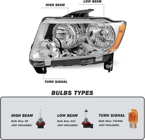 Halogen Headlights Headlamps Compatible with 2011-2013 Jeep Grand Cherokee 2011-2017 Jeep Compass, Chrome Housing Amber Reflector Headlights Assembly Replacement Driver and Passenger Side L+R in Saudi Arabia
