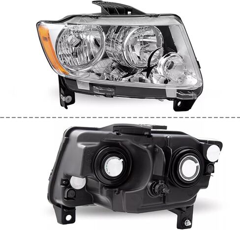 Halogen Headlights Headlamps Compatible with 2011-2013 Jeep Grand Cherokee 2011-2017 Jeep Compass, Chrome Housing Amber Reflector Headlights Assembly Replacement Driver and Passenger Side L+R in Saudi Arabia