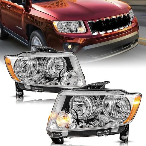 Halogen Headlights Headlamps Compatible with 2011-2013 Jeep Grand Cherokee 2011-2017 Jeep Compass, Chrome Housing Amber Reflector Headlights Assembly Replacement Driver and Passenger Side L+R in Saudi Arabia