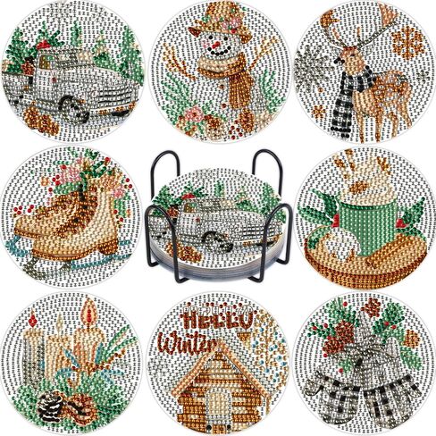 8 Pcs Boho Retro Winter Absorbent Diamond Art Coasters with Holder Cork Base, Let It Snow DIY Diamond Art Drink Coasters for Him and Her, Non-Slip Art Table Home Party Decoration Supplies in Saudi Arabia