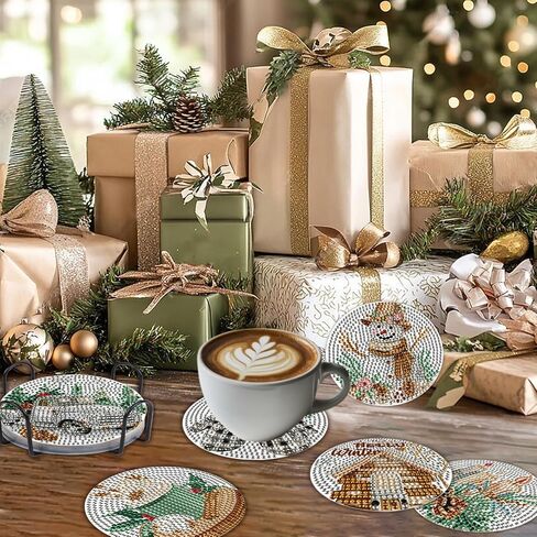 8 Pcs Boho Retro Winter Absorbent Diamond Art Coasters with Holder Cork Base, Let It Snow DIY Diamond Art Drink Coasters for Him and Her, Non-Slip Art Table Home Party Decoration Supplies in Saudi Arabia