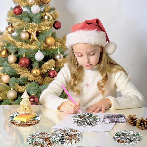 8 Pcs Boho Retro Winter Absorbent Diamond Art Coasters with Holder Cork Base, Let It Snow DIY Diamond Art Drink Coasters for Him and Her, Non-Slip Art Table Home Party Decoration Supplies in Saudi Arabia