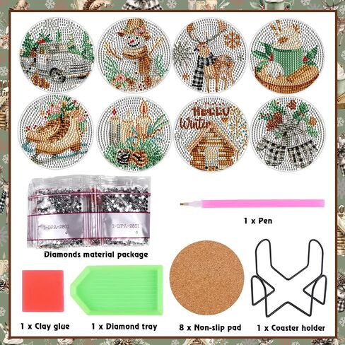 8 Pcs Boho Retro Winter Absorbent Diamond Art Coasters with Holder Cork Base, Let It Snow DIY Diamond Art Drink Coasters for Him and Her, Non-Slip Art Table Home Party Decoration Supplies in Saudi Arabia