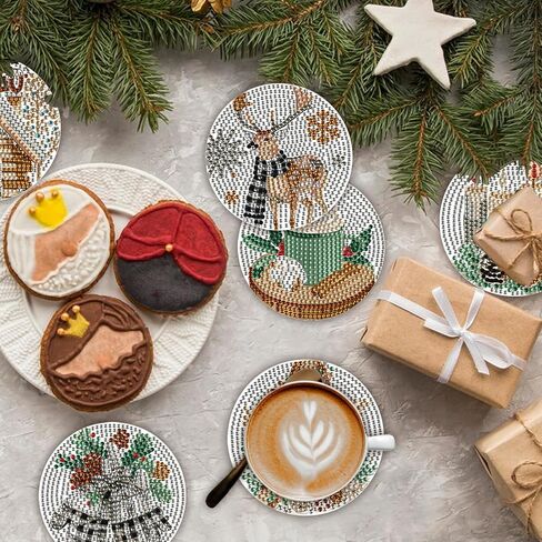 8 Pcs Boho Retro Winter Absorbent Diamond Art Coasters with Holder Cork Base, Let It Snow DIY Diamond Art Drink Coasters for Him and Her, Non-Slip Art Table Home Party Decoration Supplies in Saudi Arabia