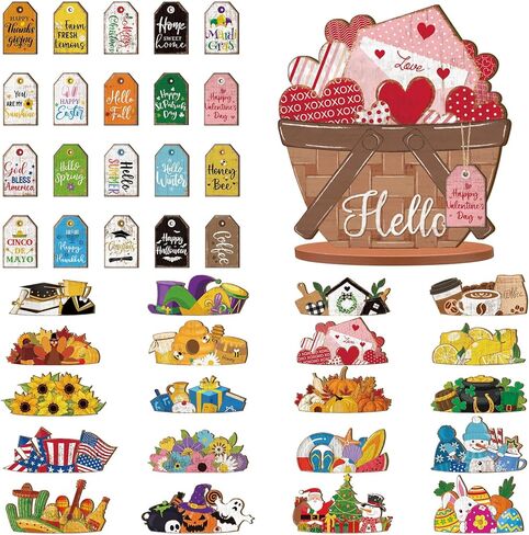 Anglechic 42 قطعة سلة زهور صغيرة قابلة للتبديل، علامة موسمية للعطلات، مجموعة ديكور صينية للعطلات، خشب ريفي قابل للاستبدال، DIY معلق على شكل قطرة مكتب منزلي، زخرفة ترحيبية، هدايا عيد ميلاد شتوية in Kuwait