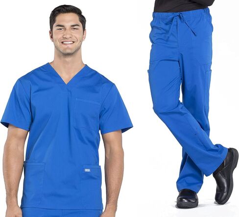 مجموعة ملابس العمل للرجال المحترفين WW695 بلوزة برقبة على شكل حرف V وWW190S مدببة الساق وبنطلون أمامي، رويال- XL توب/XL قصير بانت in Kuwait