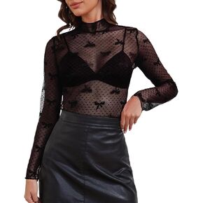 Women Mesh Long Sleeve Top Sheer Lace Turtleneck Bow Embroidery Layering Shirts Sexy See Through Blouse