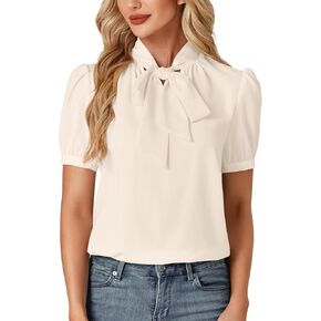 KIFOVEN Women's Business Bow Tie Knot Mock Neck Puff Short Sleeve Workwear Blouse Shirt Top