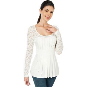 AmélieBoutik Women Pleated Front Scoop Neck Lace Long Sleeve Blouse T-Shirt