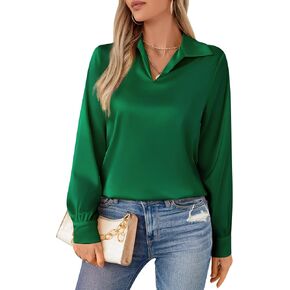 Womens Silky Satin Blouses Collared V Neck Long Sleeve Dress Shirts Business Casual Work Blouse Tops for Women