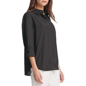 DKNY Women's Collared Long Sleeve Business Casual, Loose Woven Blouse