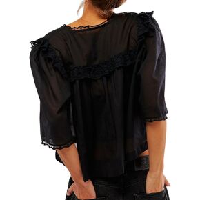 Women Chiffon Blouses Vintage Ruffle Hem Mesh Shirt Short Sleeve Button Down Babydoll Top Summer Y2k Going Out Tops