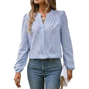 Floerns Women's Striped Print Notched V Neck Puff Long Sleeve Casual Blouse Top