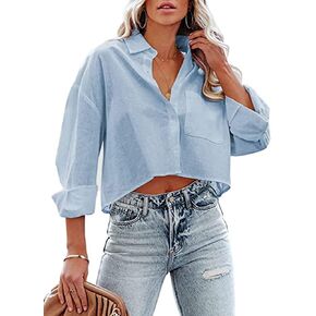Chvity Womens Causal Long Sleeve Crop Tops V Neck Lapel Button Down Blouse Fall Cropped Shirts with Pocket
