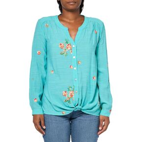 MULTIPLES Women's Plus Size Tab Sleeves Band Collar Tie Waist Button Front Shirt