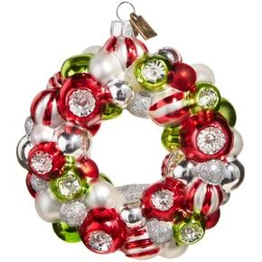 RAZ Imports EC Wreath Ornament, 4-inch Diameter, Red, Green and White, Glass