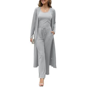 Womens Outfits 3 Piece Track Suits Set Long Cardigan Crop Tank Top Wide Leg Pants Matching Tracksuit Sets